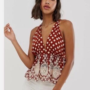 Free People Lunch Date Crochet Halter Top XS Boho Polka Dot Lace